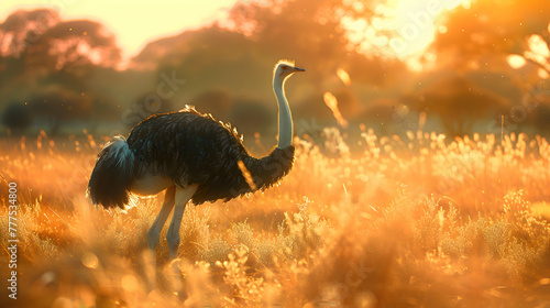 Lone ostrich pauses in a sunlit clearing, its plumage shimmering with iridescent hues, with blurred grasslands beyond photo