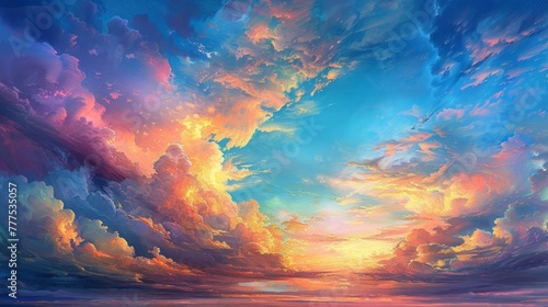A beautiful sky with a mix of colors and clouds. The sky is filled with a sense of wonder and awe, as if it is a painting come to life. The colors are vibrant and the clouds are fluffy