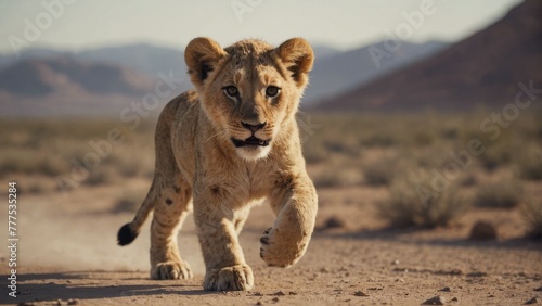 A lion cub walks along a deserted path, his gaze directed directly at the camera.
Concept: conservation and protection of animals, big cats. savannah, travel photo