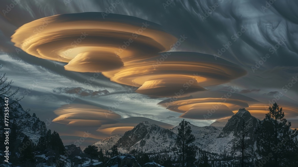 The sky is filled with large, orange clouds that resemble UFOs. The ...