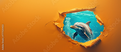 A playful dolphin appears to swim through a ripped paper, merging the aquatic world with a bright orange background © Fxquadro