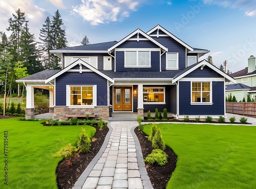 Beautiful home exterior with a navy blue house, white trim and a green grass lawn