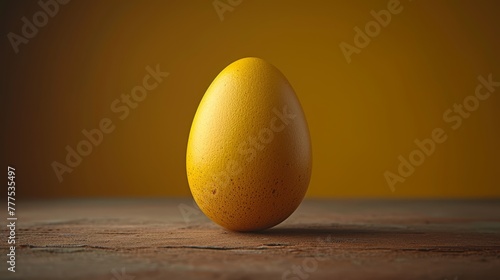  A yellow egg atop a wooden table, nearby a black-and-white image featuring a yellow backdrop