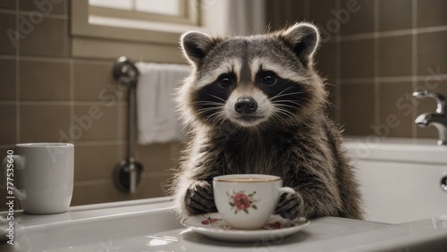 Raccoon with a cup of tea in his paws