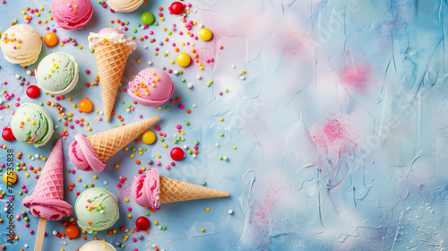 Banner with ice cream cones and cream. Summer time, summer vibe, sweet food, dessert. Top view.