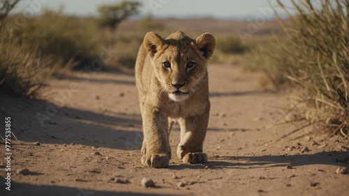 A lion cub walks along a deserted path, his gaze directed directly at the camera. Concept: conservation and protection of animals, big cats. savannah, travel