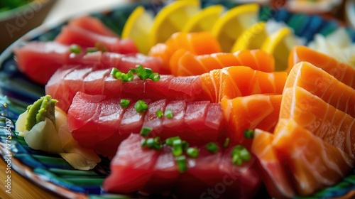 A colorful plate of sushi and sashimi, featuring fresh cuts of tuna, salmon, and yellowtail arranged with precision and artistry, accompanied by pickled ginger, 