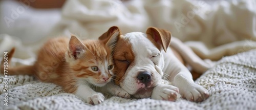 Hugging as best friends on the bed, puppy and kitten