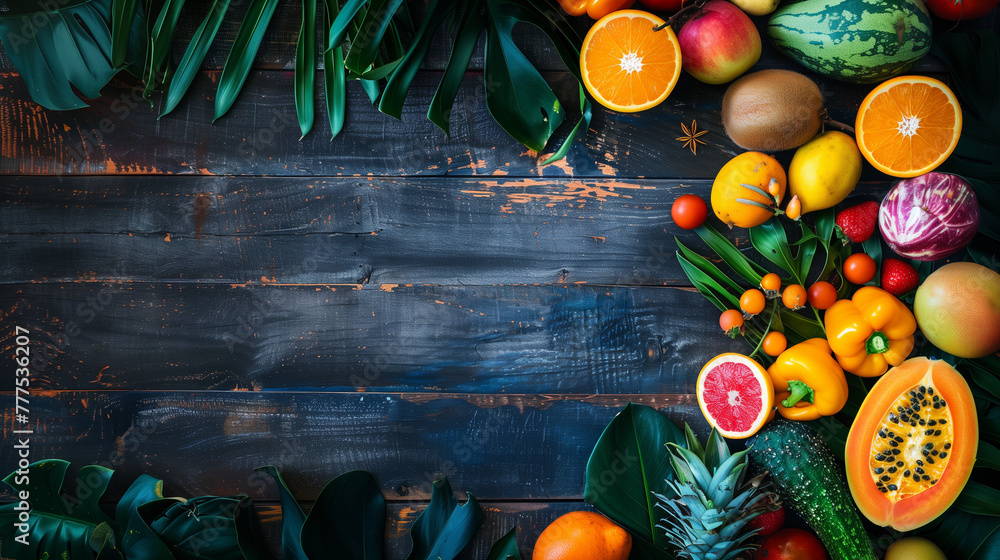 Naklejka premium Colorful tropical fruits on a wooden table. Summer, healthy eating.