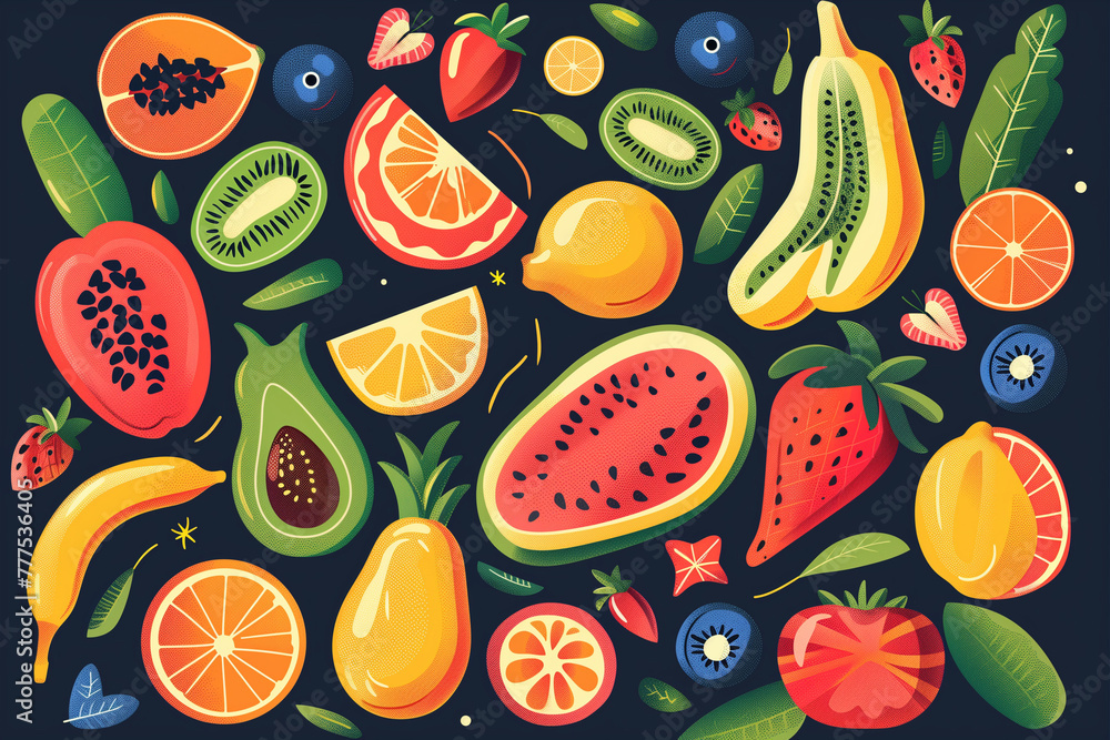 Colorful pattern with tropical fruits and berries. Summer, healthy eating. Colorful pattern with tropical fruits and berries. Summer, healthy eating.