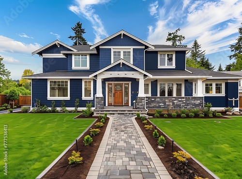 Modern bungalow house with a navy blue exterior and white trim