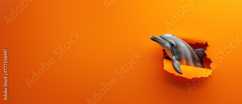 This image captures a dolphin mid-jump, digitally altered to emerge from a torn, vibrant orange paper