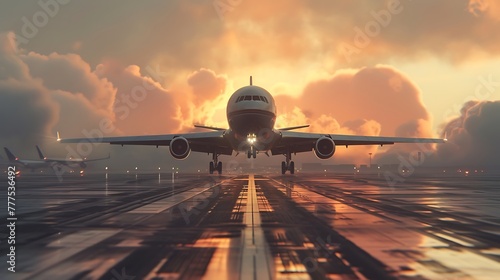 AI to create a captivating illustration of an airplane making a smooth landing on a runway, incorporating post-production effects to elevate the realism and aesthetics attractive look