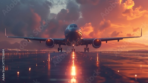 AI to create a captivating illustration of an airplane making a smooth landing on a runway, incorporating post-production effects to elevate the realism and aesthetics attractive look © Noman