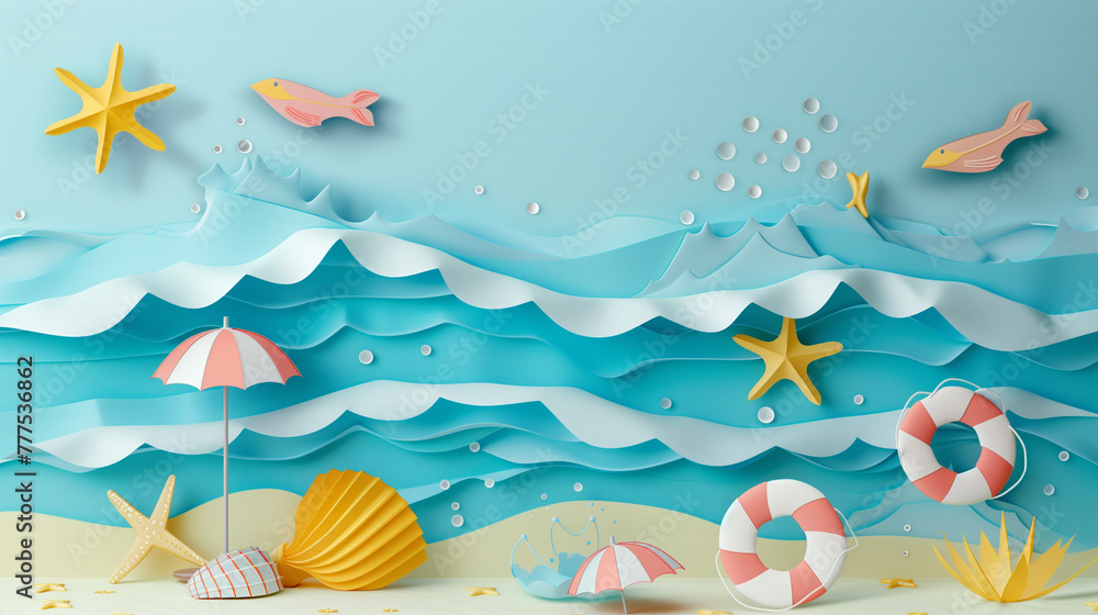 Sea beach with seashells, starfishes, umbrellas. Paper cut style. Seashore, marine, nautical, nature, summer vacation, summer time, summer beach. Sea beach with seashells, starfishes, umbrellas. Paper cut style. Seashore, marine, nautical, nature, summer vacation, summer time, summer beach.