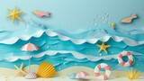 Sea beach with seashells, starfishes, umbrellas.  Paper cut style. Seashore, marine, nautical, nature, summer vacation, summer time, summer beach.