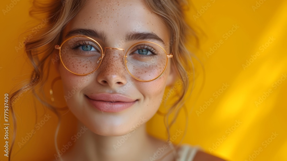   A woman dons freckled hair and wears gold-rimmed glasses, revealing a freckled complexion on her face - obrazy, fototapety, plakaty 