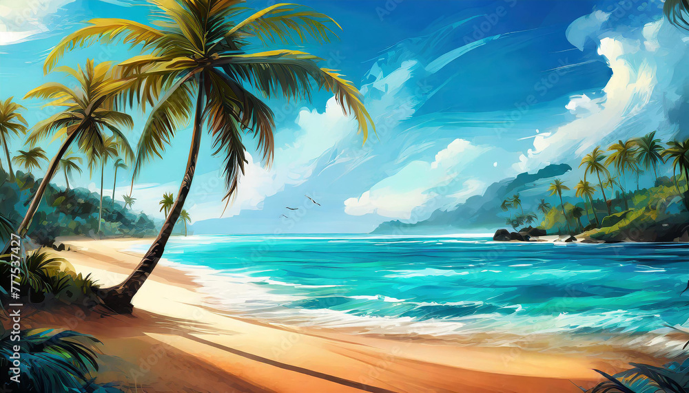 Vibrant illustration of a tropical paradise with sandy beach, palm trees and turquoise water.