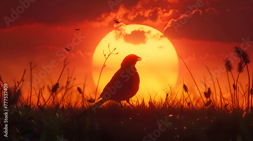 Majestic canary silhouetted against a fiery sunset  casting an enchanting glow over its surroundings