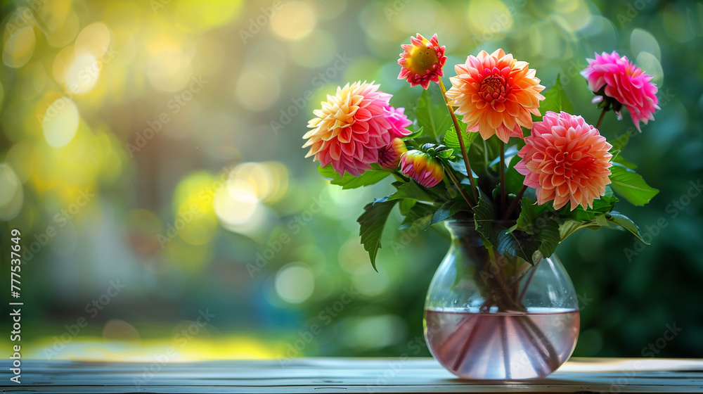 Beautiful colorful dahlia flowers in a glass vase on a wooden table in the garden on a blurred natural background. Beautiful colorful dahlia flowers in a glass vase on a wooden table in the garden on a blurred natural background.
