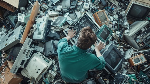 A person overwhelmed by a vast pile of discarded electronics