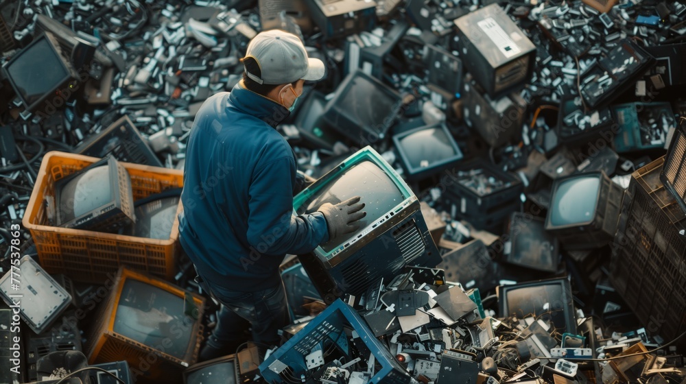 Person sorting through electronic waste holding an old computer monitor. - obrazy, fototapety, plakaty 