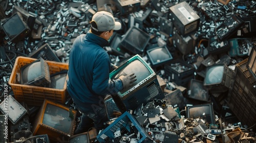 Person sorting through electronic waste holding an old computer monitor.