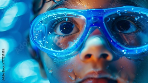 Close-up of a child's intrigued face with bright blue goggles underwater