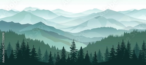 forest landscape with mountains  green pine trees and foggy sky background. Nature scenery banner with silhouette trees for travel poster or wall art print.