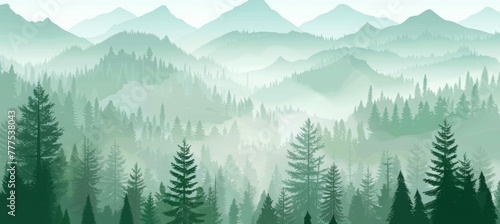 forest landscape with mountains, green pine trees and foggy sky background. Nature scenery banner with silhouette trees for travel poster or wall art print.