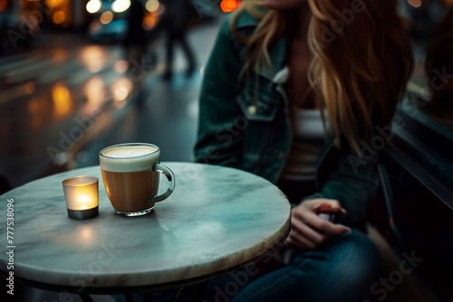 A woman in jacket enjoys a cup of hot coffee in a cozy street cafe in the evening.