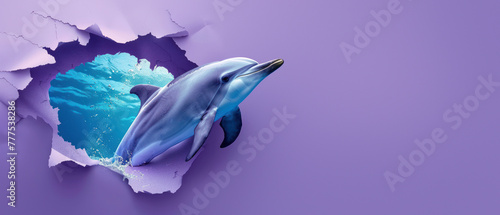 An engaging dolphin diving into splashing water against a creatively torn purple backdrop © Fxquadro