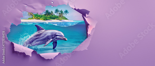 A playful dolphin appears to jump out of a torn violet paper, giving a surreal portal to a tropical island backdrop photo