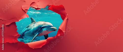 A cheerful dolphin emerges from a hole in torn red paper, contrasting with the calming blue underwater world © Fxquadro