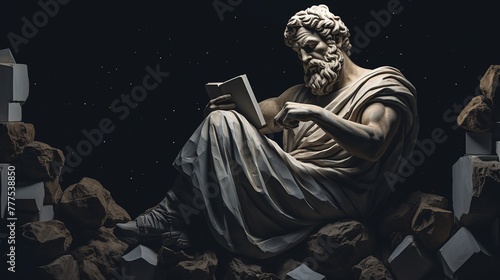 A stoic Greek bearded man bronze statue
