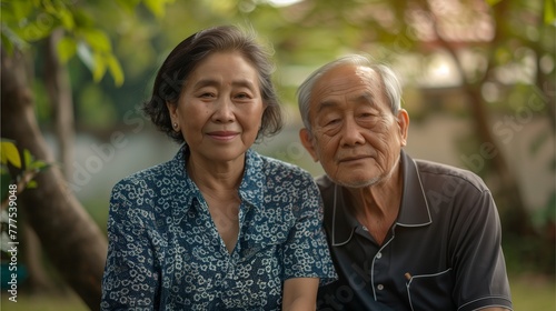 Asian elderly couple with warm love Sit and admire the nature view. in the park amidst nature © Nuntapuk