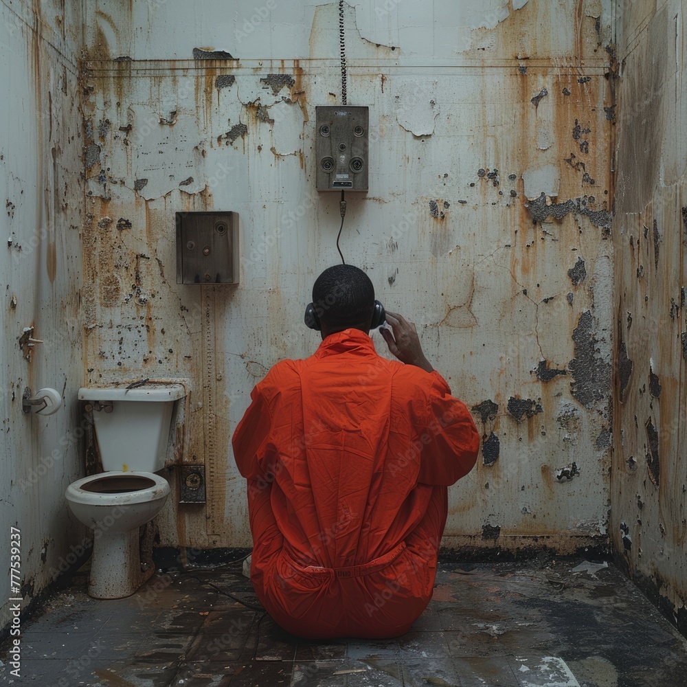 A prisoner in an orange jumpsuit is crouched using a wall-mounted phone in a decrepit cell.
