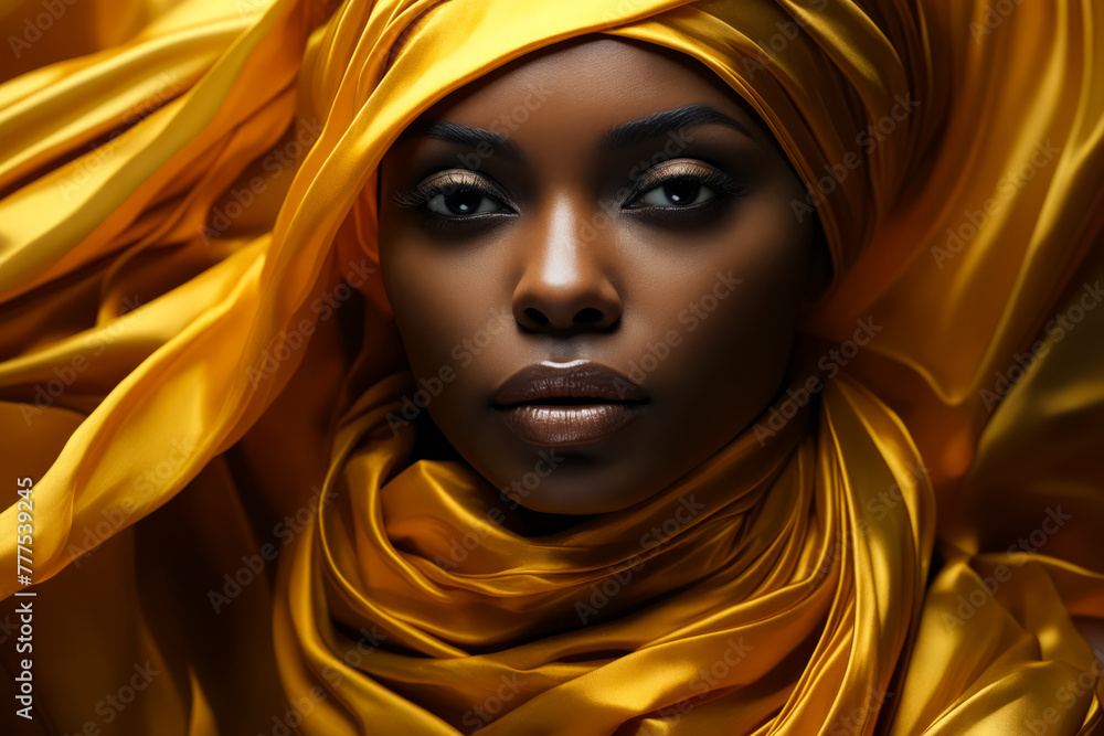 Woman with yellow scarf on her head and black face.