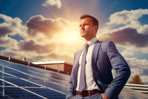 Man in suit and tie standing in front of solar panel. © valentyn640