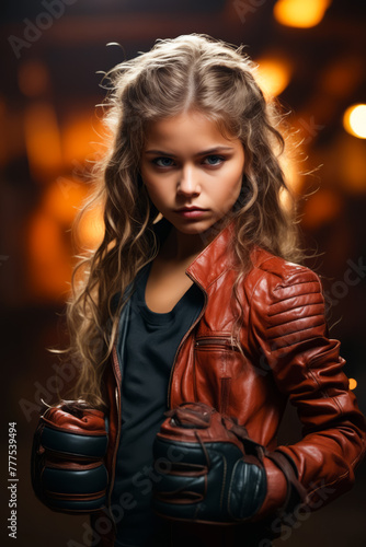 Young girl in leather jacket holding glove.