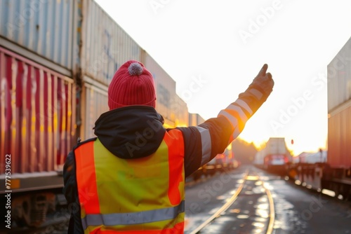 Railroad conductor signaling during sunset at the freight train station photo