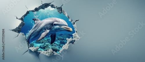 A stunning image of a dolphin leaping from the ocean breaking through a wall, symbolizing freedom and escape from confinement photo