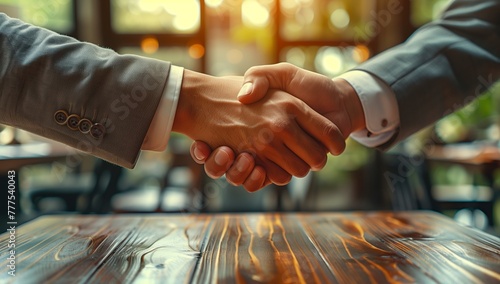 Two individuals are making a gesture of goodwill by shaking hands across a hardwood table, showcasing their human connection and mutual respect photo