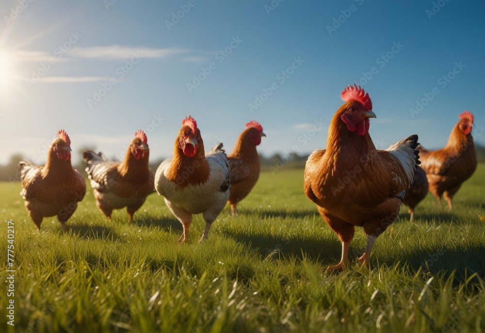 Fototapeta premium Chickens eating on green meadow. Group of chickens walking for food on the grass in backyard