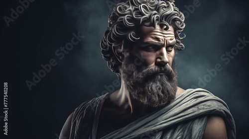 A stoic Greek bearded man bronze statue