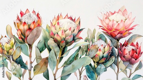 Serene landscape with colorful protea flowers against white background, exuding tranquility.