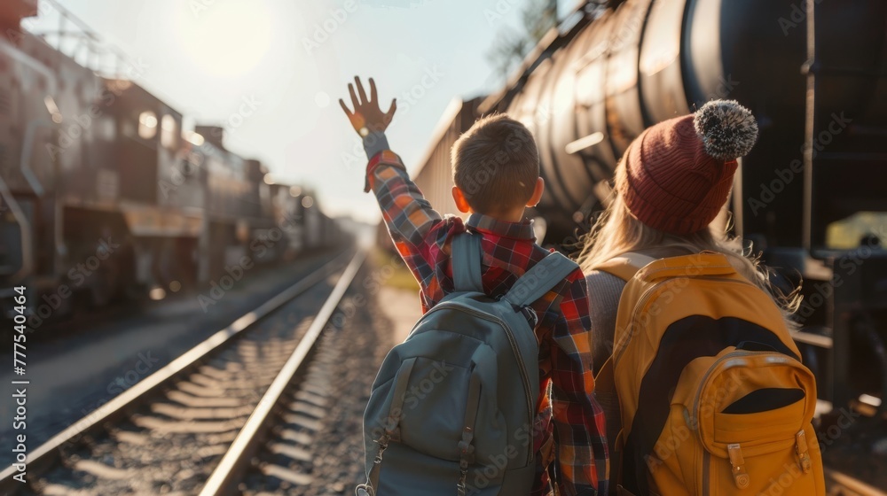 Family farewell at train station, children waving goodbye to departing train