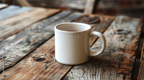 A smooth white ceramic mug sits alone on a rustic table. photo