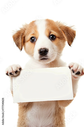 A close-up portrait of a puppy with soulful eyes, gazing directly at the camera while holding a blank sign in its paws.