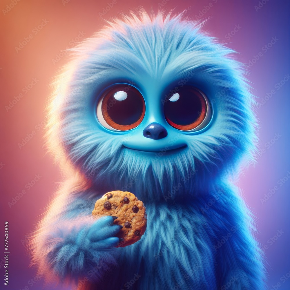 A whimsical blue creature with shiny eyes cheerfully holds a bite-sized cookie, illustrated against a gradient backdrop, embodying innocence and joy. AI generation A whimsical blue creature with shiny eyes cheerfully holds a bite-sized cookie, illustrated against a gradient backdrop, embodying innocence and joy. AI generation